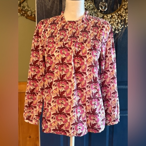 J. Crew Tops - J. Crew Liberty Fabric Pink Floral Smocked Long Sleeve Top Button Back XS